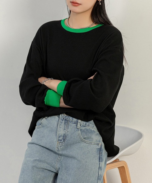 tシャツ ドットバイカラーカットソー レディース レディース 配色バイカラーオーバーサイズワッフルトップス（T