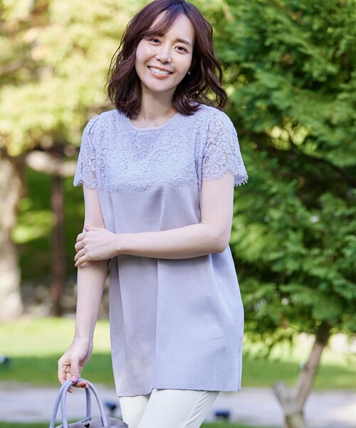 【洗える】レースコンビフレンチスリーブニットチュニック（ニット/セーター）｜Tiaclasse（ティアクラッセ）