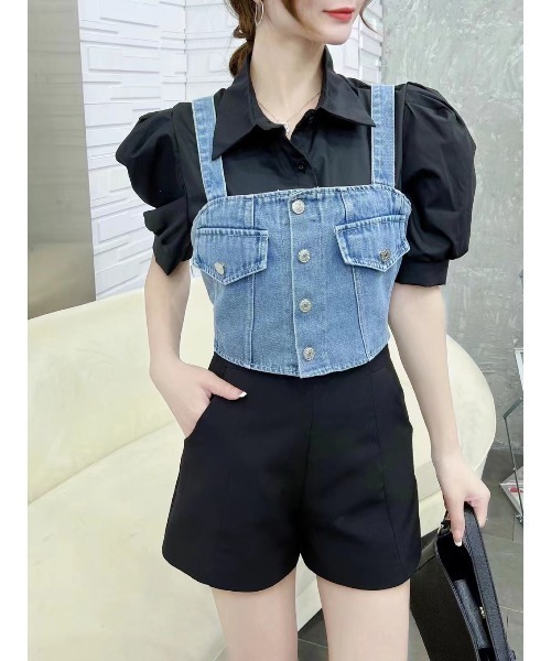 SpRay（スプレイ）の「【2点セット】デニムビスチェ×ボリューム袖半袖ブラウス（シャツ/ブラウス・レディース・ブラック/ブルー・FREE）」の14枚目の写真