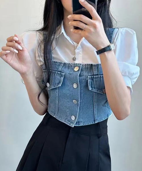 SpRay（スプレイ）の「【2点セット】デニムビスチェ×ボリューム袖半袖ブラウス（シャツ/ブラウス・レディース・ブラック/ブルー・FREE）」の15枚目の写真