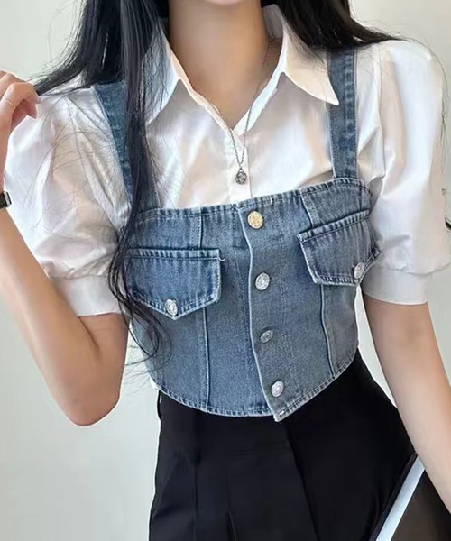 SpRay（スプレイ）の「【2点セット】デニムビスチェ×ボリューム袖半袖ブラウス（シャツ/ブラウス・レディース・ブラック/ブルー・FREE）」の16枚目の写真