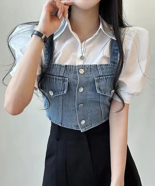 SpRay（スプレイ）の「【2点セット】デニムビスチェ×ボリューム袖半袖ブラウス（シャツ/ブラウス・レディース・ブラック/ブルー・FREE）」の17枚目の写真