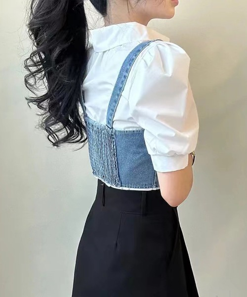 SpRay（スプレイ）の「【2点セット】デニムビスチェ×ボリューム袖半袖ブラウス（シャツ/ブラウス・レディース・ブラック/ブルー・FREE）」の19枚目の写真