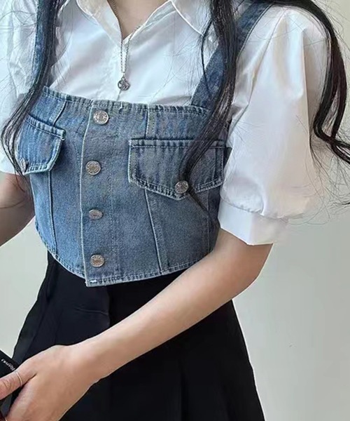 SpRay（スプレイ）の「【2点セット】デニムビスチェ×ボリューム袖半袖ブラウス（シャツ/ブラウス・レディース・ブラック/ブルー・FREE）」の20枚目の写真