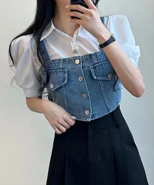 SpRay（スプレイ）の「【2点セット】デニムビスチェ×ボリューム袖半袖ブラウス（シャツ/ブラウス・レディース・ブラック/ブルー・FREE）」の21枚目の写真