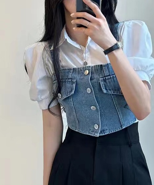 SpRay（スプレイ）の「【2点セット】デニムビスチェ×ボリューム袖半袖ブラウス（シャツ/ブラウス・レディース・ブラック/ブルー・FREE）」の22枚目の写真