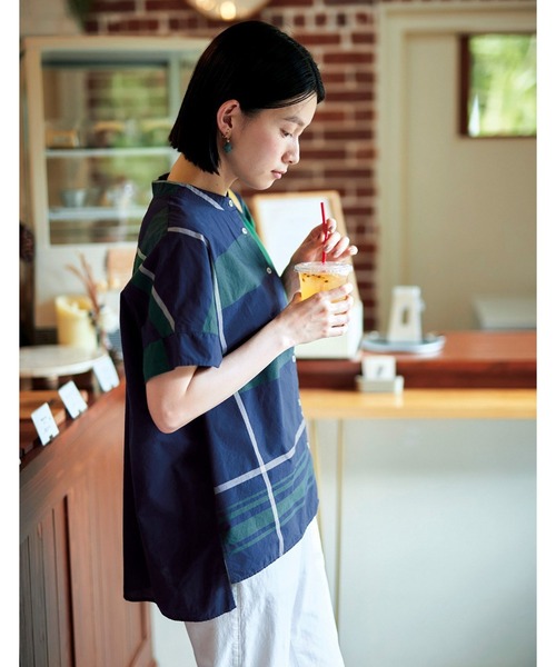 ブラウス シャツ デニムドッキングチェックシャツ レディース セール】異素材ドッキングチェックシャツ（シャツ/ブラウス