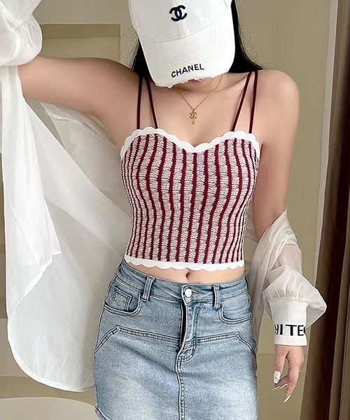 gossip!ロサンゼルス(ゴシップロサンゼルス)の「ストライプ ダブルストラップカップ付き キャミソール ラップブラトップ(キャミソール・レディース・ブラウン/レッド/グレー/ブラック・S/M)」の4枚目の写真