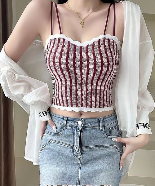 gossip!ロサンゼルス(ゴシップロサンゼルス)の「ストライプ ダブルストラップカップ付き キャミソール ラップブラトップ(キャミソール・レディース・ブラウン/レッド/グレー/ブラック・S/M)」の16枚目の写真