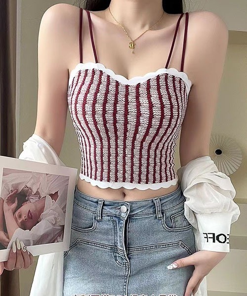 gossip!ロサンゼルス(ゴシップロサンゼルス)の「ストライプ ダブルストラップカップ付き キャミソール ラップブラトップ(キャミソール・レディース・ブラウン/レッド/グレー/ブラック・S/M)」の15枚目の写真