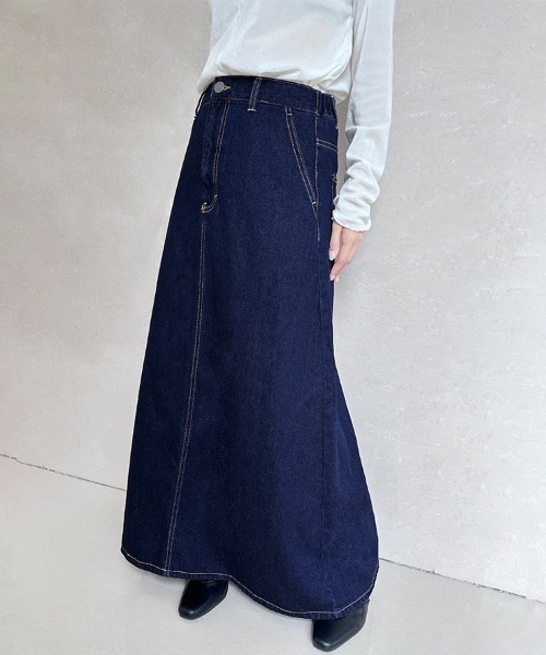 Doux Belle(ドゥーベル)の「フレアロングデニムスカート(スカート・レディース・ワンウォッシュ/ブルー/ネイビー・SMALL/MEDIUM/LARGE/X-LARGE)」の1枚目の写真