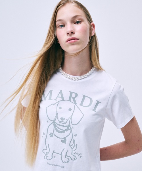 Mardi Mercredi(マルディメクルディ)の「SLIM TSHIRT SWING THE TAIL DDANJI PEARL NECKLACE / スリム Tシャツ スウィング ザ テイル ダンジ パール ネックレス(Tシャツ/カットソー・レディース・ホワイト×グレー/オートミール・FREE)」の5枚目の写真