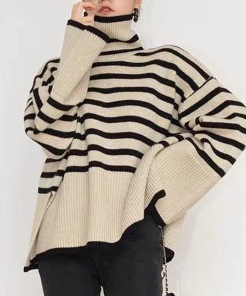 efill（エフィル）の「ハイネック　ボーダー　ニット（ニット/セーター・レディース・ベージュ/ブラック・FREE）」の4枚目の写真