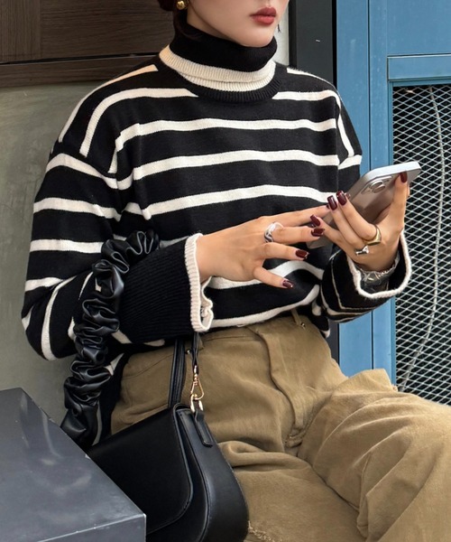 efill（エフィル）の「ハイネック　ボーダー　ニット（ニット/セーター・レディース・ベージュ/ブラック・FREE）」の16枚目の写真