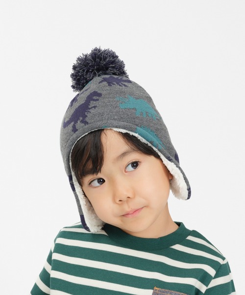 Kids Foret(キッズフォーレ)の「恐竜柄耳付アクリルニット帽・帽子(ニットキャップ/ビーニー・キッズ・ベージュ/グレー・53/56)」の1枚目の写真