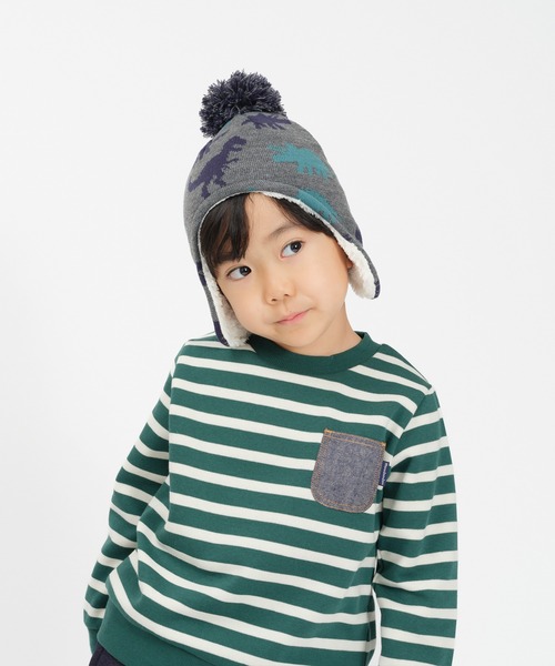 Kids Foret(キッズフォーレ)の「恐竜柄耳付アクリルニット帽・帽子(ニットキャップ/ビーニー・キッズ・ベージュ/グレー・53/56)」の15枚目の写真