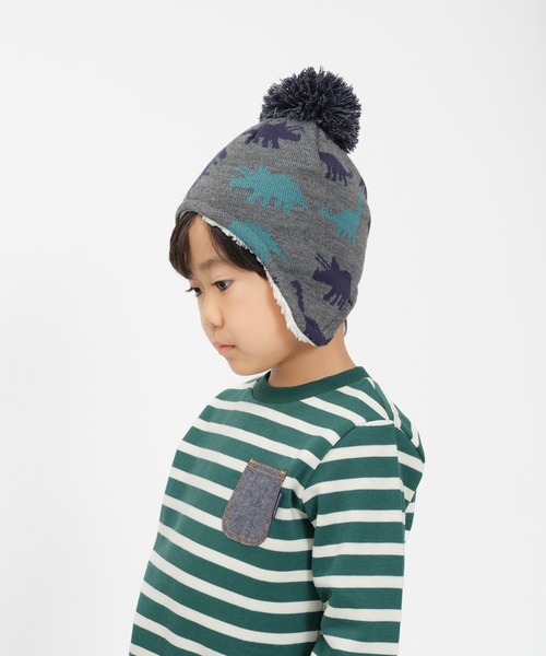 Kids Foret(キッズフォーレ)の「恐竜柄耳付アクリルニット帽・帽子(ニットキャップ/ビーニー・キッズ・ベージュ/グレー・53/56)」の13枚目の写真