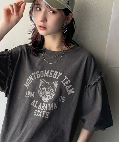 lija リージャM フリル袖 Tシャツ レディなヴィンテージスタイル。綿100％カレッジピグメント袖