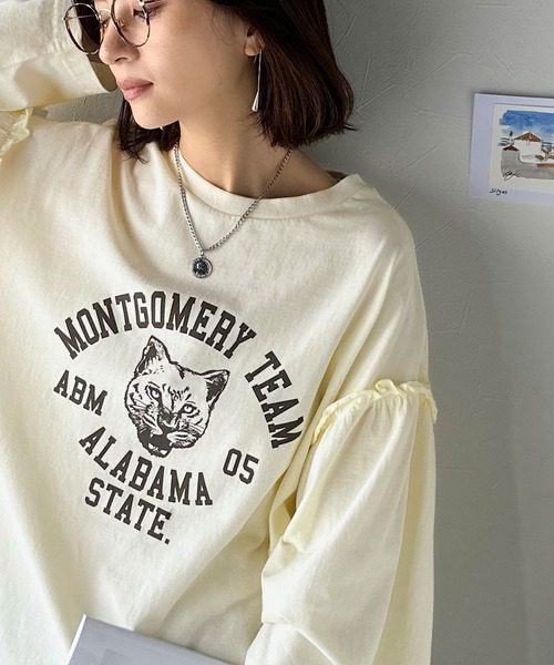 classicalelf（クラシカルエルフ）の「【長袖登場！】甘さも強さもこの一枚で。綿100％袖フリル×ピグメントカレッジTシャツ＆ロンT(半袖)(長袖)（Tシャツ/カットソー・レディース・チャコール/ピンク/ブルー/オフホワイト/ホワイト系1/グレー系1・LARGE/SMALL/X-LARGE/MEDIUM）」の8枚目の写真