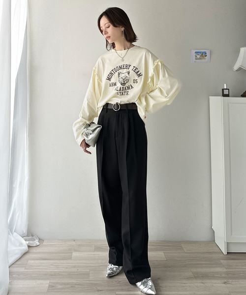 classicalelf（クラシカルエルフ）の「【長袖登場！】甘さも強さもこの一枚で。綿100％袖フリル×ピグメントカレッジTシャツ＆ロンT(半袖)(長袖)（Tシャツ/カットソー・レディース・チャコール/ピンク/ブルー/オフホワイト/ホワイト系1/グレー系1・LARGE/SMALL/X-LARGE/MEDIUM）」の19枚目の写真