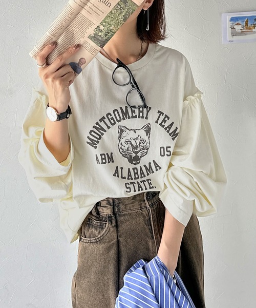 classicalelf（クラシカルエルフ）の「【長袖登場！】甘さも強さもこの一枚で。綿100％袖フリル×ピグメントカレッジTシャツ＆ロンT(半袖)(長袖)（Tシャツ/カットソー・レディース・チャコール/ピンク/ブルー/オフホワイト/ホワイト系1/グレー系1・LARGE/SMALL/X-LARGE/MEDIUM）」の14枚目の写真