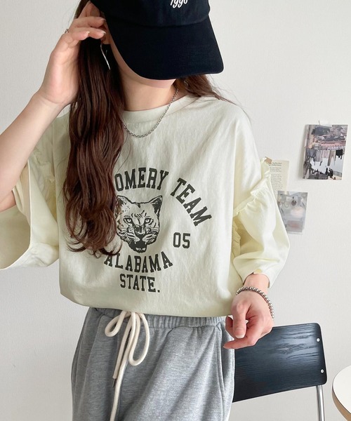 classicalelf（クラシカルエルフ）の「【長袖登場！】甘さも強さもこの一枚で。綿100％袖フリル×ピグメントカレッジTシャツ＆ロンT(半袖)(長袖)（Tシャツ/カットソー・レディース・チャコール/ピンク/ブルー/オフホワイト/ホワイト系1/グレー系1・LARGE/SMALL/X-LARGE/MEDIUM）」の16枚目の写真