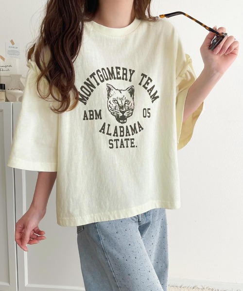 classicalelf（クラシカルエルフ）の「【長袖登場！】甘さも強さもこの一枚で。綿100％袖フリル×ピグメントカレッジTシャツ＆ロンT(半袖)(長袖)（Tシャツ/カットソー・レディース・チャコール/ピンク/ブルー/オフホワイト/ホワイト系1/グレー系1・LARGE/SMALL/X-LARGE/MEDIUM）」の18枚目の写真