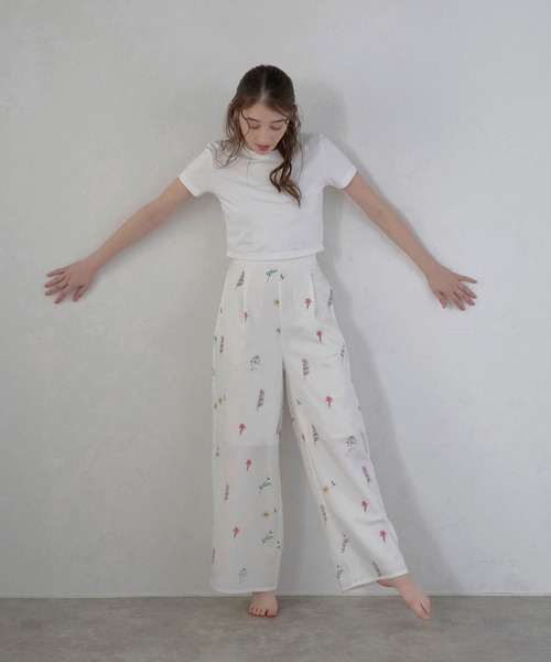 フラワープリントリネンワイドパンツ Gauze#｜リネン アンティーク フラワー プリント ワイド パンツ
