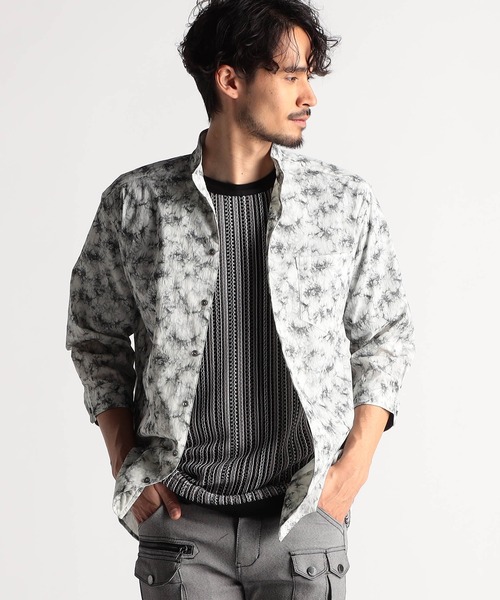 NICOLE CLUB FOR MEN(ニコルクラブフォーメン)の「アラカルトプリント 7分袖ショートスタンドカラーシャツ(シャツ/ブラウス・メンズ・オフホワイト/ブラック系/ブラック/ホワイト系・LARGE/MEDIUM/X-LARGE)」の1枚目の写真