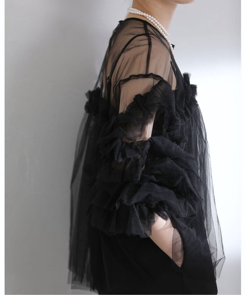 La TOTALITE(ラトータリテ)の「《追加2》デコラティブチュールトップス(シャツ/ブラウス・レディース・ライトグリーン/チャコールグレー/ベージュ/ブラック・FREE)」の8枚目の写真