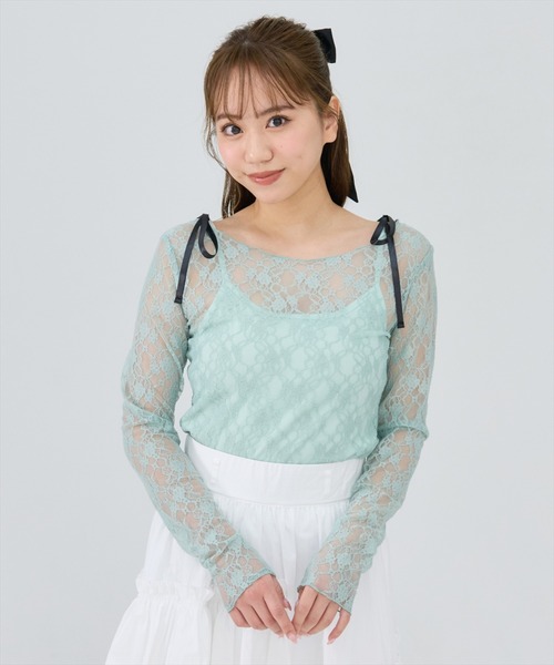 REDYAZEL（レディアゼル）の「サテンリボンショルダーレーストップス（Tシャツ/カットソー・レディース・ブラック/オフホワイト/ブルー・FREE）」の11枚目の写真