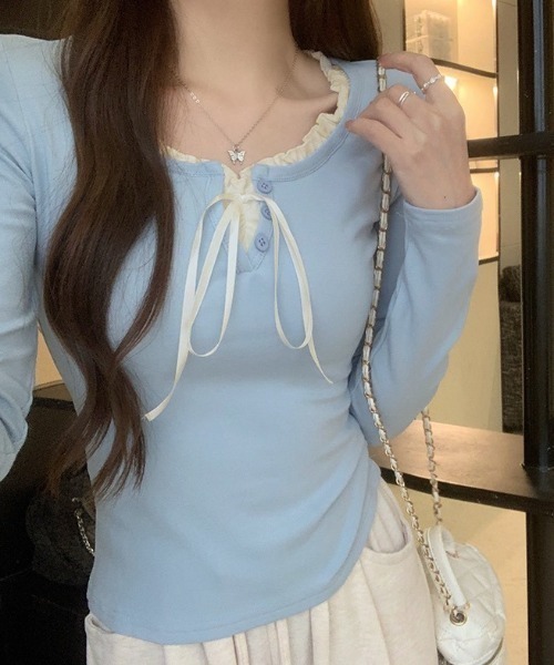 LADY LIKE（レディライク）の「サテンリボンレイヤー風トップス（Tシャツ/カットソー・レディース・アイボリー/サックスブルー/ネイビー・M）」の3枚目の写真