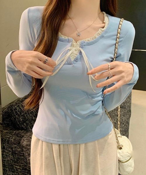 LADY LIKE（レディライク）の「サテンリボンレイヤー風トップス（Tシャツ/カットソー・レディース・アイボリー/サックスブルー/ネイビー・M）」の4枚目の写真