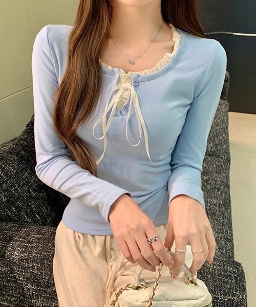 LADY LIKE（レディライク）の「サテンリボンレイヤー風トップス（Tシャツ/カットソー・レディース・アイボリー/サックスブルー/ネイビー・M）」の5枚目の写真