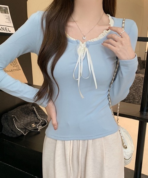 LADY LIKE（レディライク）の「サテンリボンレイヤー風トップス（Tシャツ/カットソー・レディース・アイボリー/サックスブルー/ネイビー・M）」の6枚目の写真