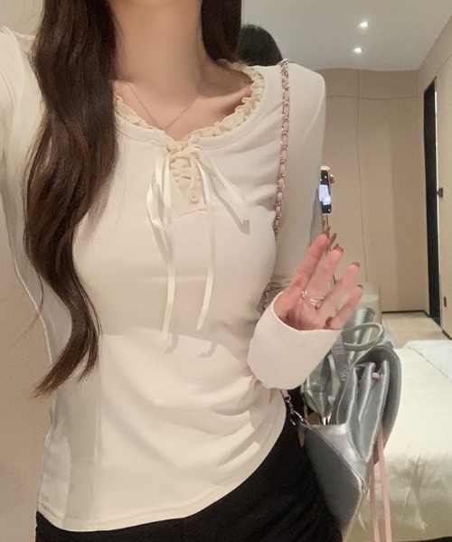 LADY LIKE（レディライク）の「サテンリボンレイヤー風トップス（Tシャツ/カットソー・レディース・アイボリー/サックスブルー/ネイビー・M）」の15枚目の写真