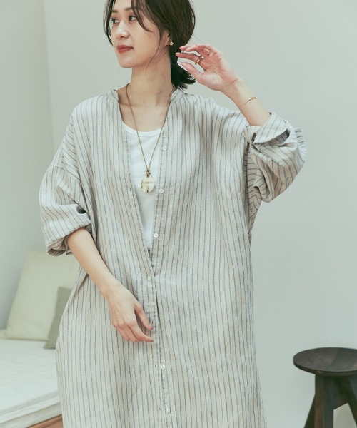 URBAN RESEARCH DOORS（アーバンリサーチドアーズ）の「ラミーリネンストライプワンピース（ワンピース・レディース・ライトベージュ/ネイビー・MEDIUM）」の14枚目の写真