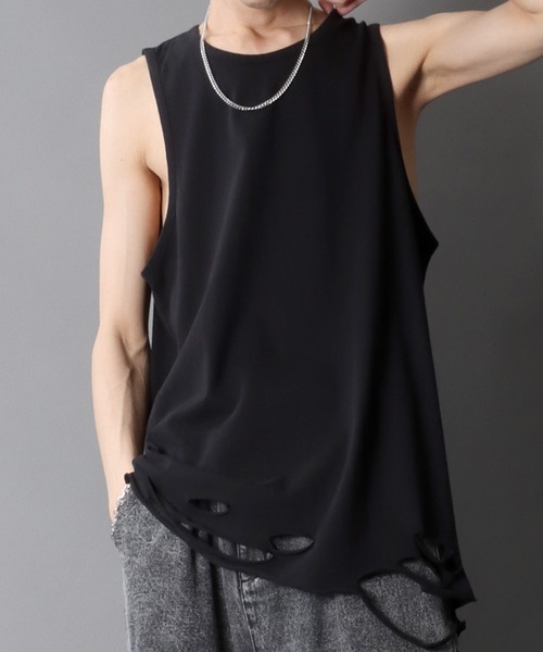 SITRY（シトリー）の「Damage Layered Tank Top/ダメージ加工 レイヤードタンクトップ ロングタックトップ（タンクトップ・メンズ・ブラック/ホワイト/チャコール/チャコールグレー×ブラック/ホワイト×ブラック・FREE）」の16枚目の写真
