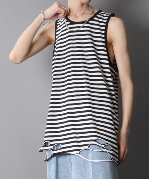 SITRY（シトリー）の「Damage Layered Tank Top/ダメージ加工 レイヤードタンクトップ ロングタックトップ（タンクトップ・メンズ・ブラック/ホワイト/チャコール/チャコールグレー×ブラック/ホワイト×ブラック・FREE）」の18枚目の写真
