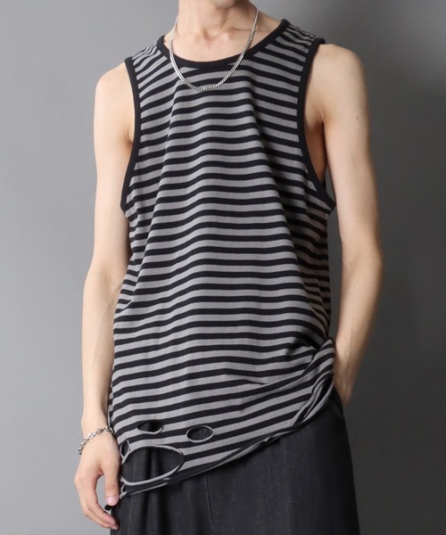 SITRY（シトリー）の「Damage Layered Tank Top/ダメージ加工 レイヤードタンクトップ ロングタックトップ（タンクトップ・メンズ・ブラック/ホワイト/チャコール/チャコールグレー×ブラック/ホワイト×ブラック・FREE）」の19枚目の写真