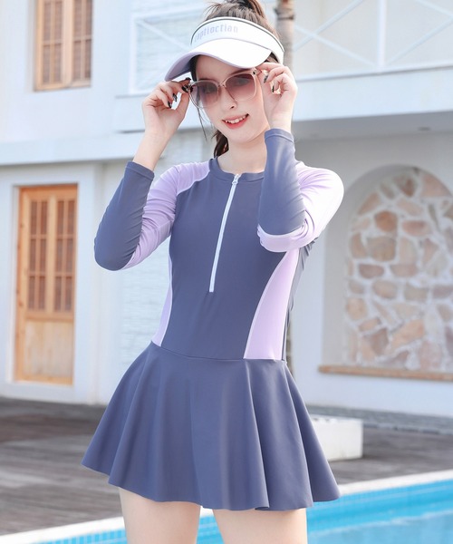 キッズ水着女の子 長袖配色ジップワンピース風オールインワン水着