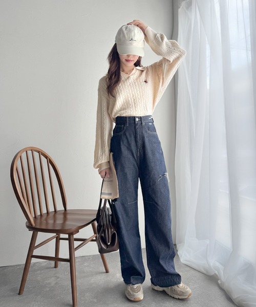 classicalelf（クラシカルエルフ）の「”品よく華やぐ”。大人のマストバイニット。胸刺繍ケーブル編みポロ襟スキッパーニット（ニット/セーター・レディース・グレー/アイボリー/ライトベージュ/ネイビー/レッド・LARGE/MEDIUM/SMALL/X-LARGE）」の19枚目の写真