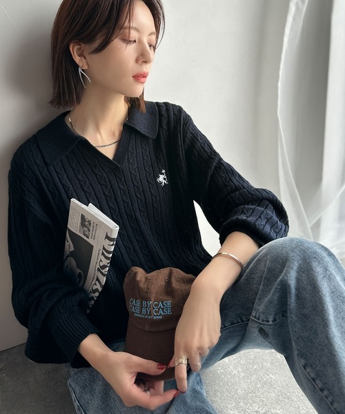 classicalelf（クラシカルエルフ）の「”品よく華やぐ”。大人のマストバイニット。胸刺繍ケーブル編みポロ襟スキッパーニット（ニット/セーター・レディース・グレー/アイボリー/ライトベージュ/ネイビー/レッド・LARGE/MEDIUM/SMALL/X-LARGE）」の22枚目の写真