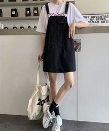 【URGE:】デニム ひざ丈 オーバーオール ワンピース