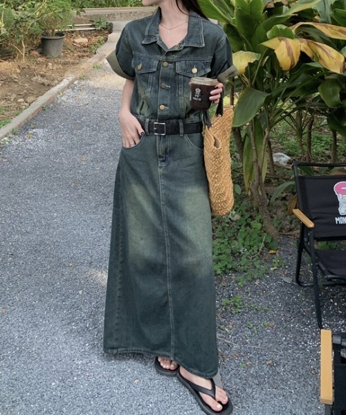 FAVORITO（ファヴォリート）の「半袖ロングデニムワンピース（ワンピース・レディース・ブルー・M/L/XL）」の10枚目の写真