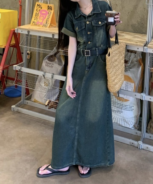 FAVORITO（ファヴォリート）の「半袖ロングデニムワンピース（ワンピース・レディース・ブルー・M/L/XL）」の9枚目の写真