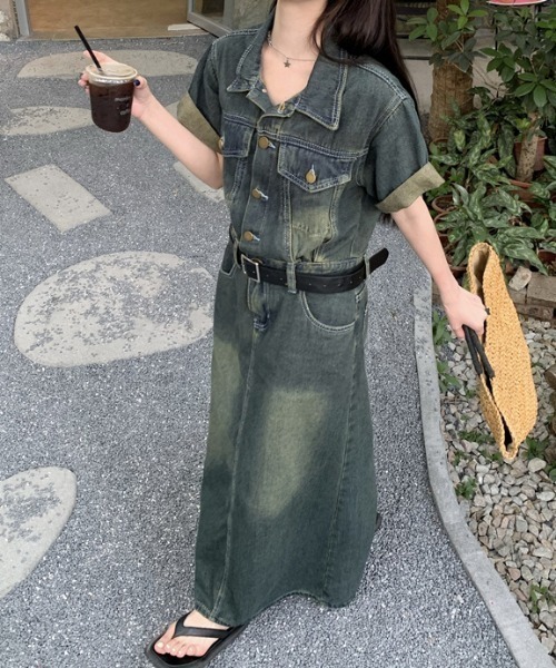 FAVORITO（ファヴォリート）の「半袖ロングデニムワンピース（ワンピース・レディース・ブルー・M/L/XL）」の8枚目の写真