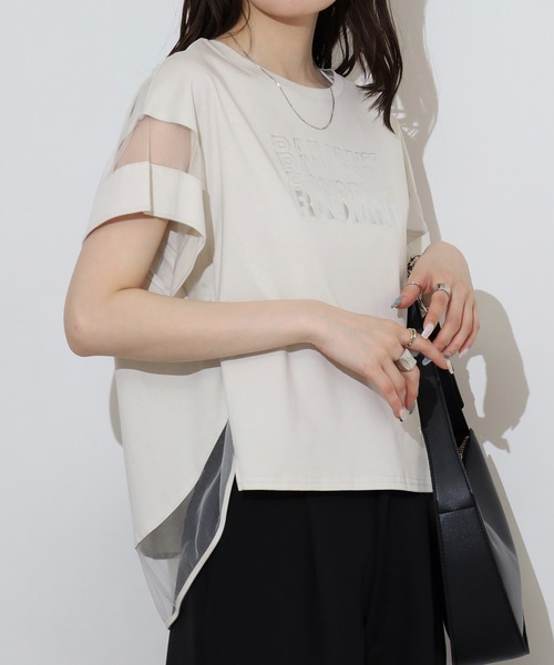 アンナニコラ Anna Nicola シアー切り替え箔ロゴ半袖Tシャツ （オフホワイト） セール】Anna Nicola シアー切り替え箔ロゴ半袖Tシャツ（Tシャツ