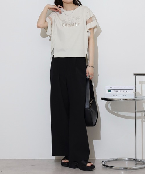 アンナニコラ Anna Nicola シアー切り替え箔ロゴ半袖Tシャツ （オフホワイト） セール】Anna Nicola シアー切り替え箔ロゴ半袖Tシャツ（Tシャツ