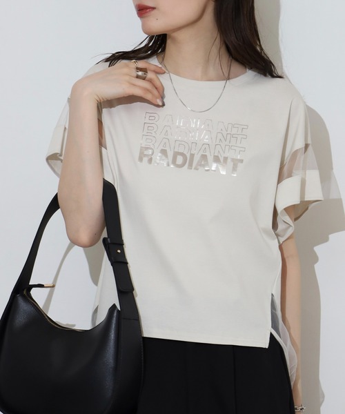 アンナニコラ Anna Nicola シアー切り替え箔ロゴ半袖Tシャツ （オフホワイト） アンナニコラ Anna Nicola シアー切り替え箔ロゴ半袖Tシャツ